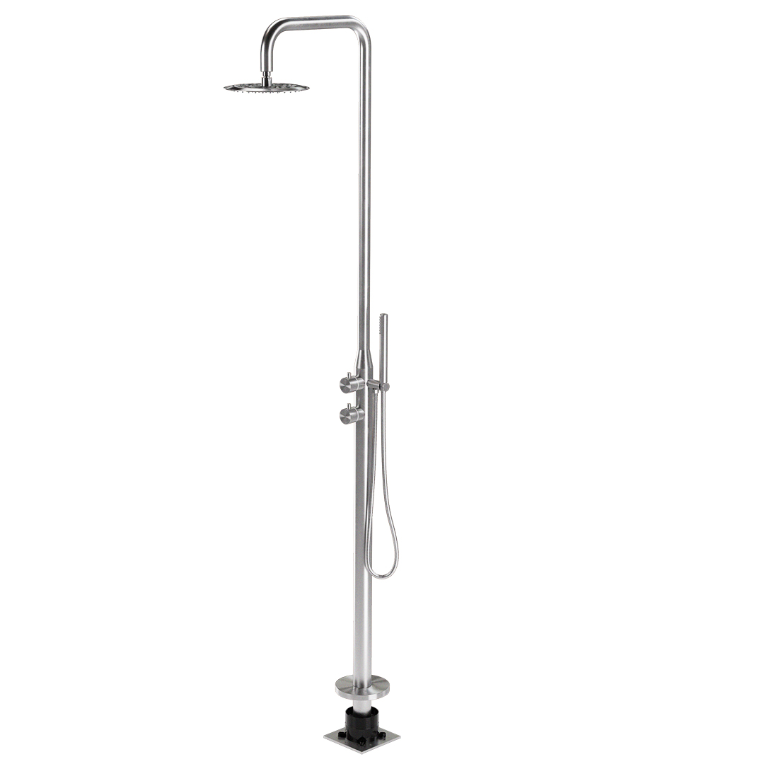 High-end premium freestanding stainless steel outdoor shower column with rain head and hand shower