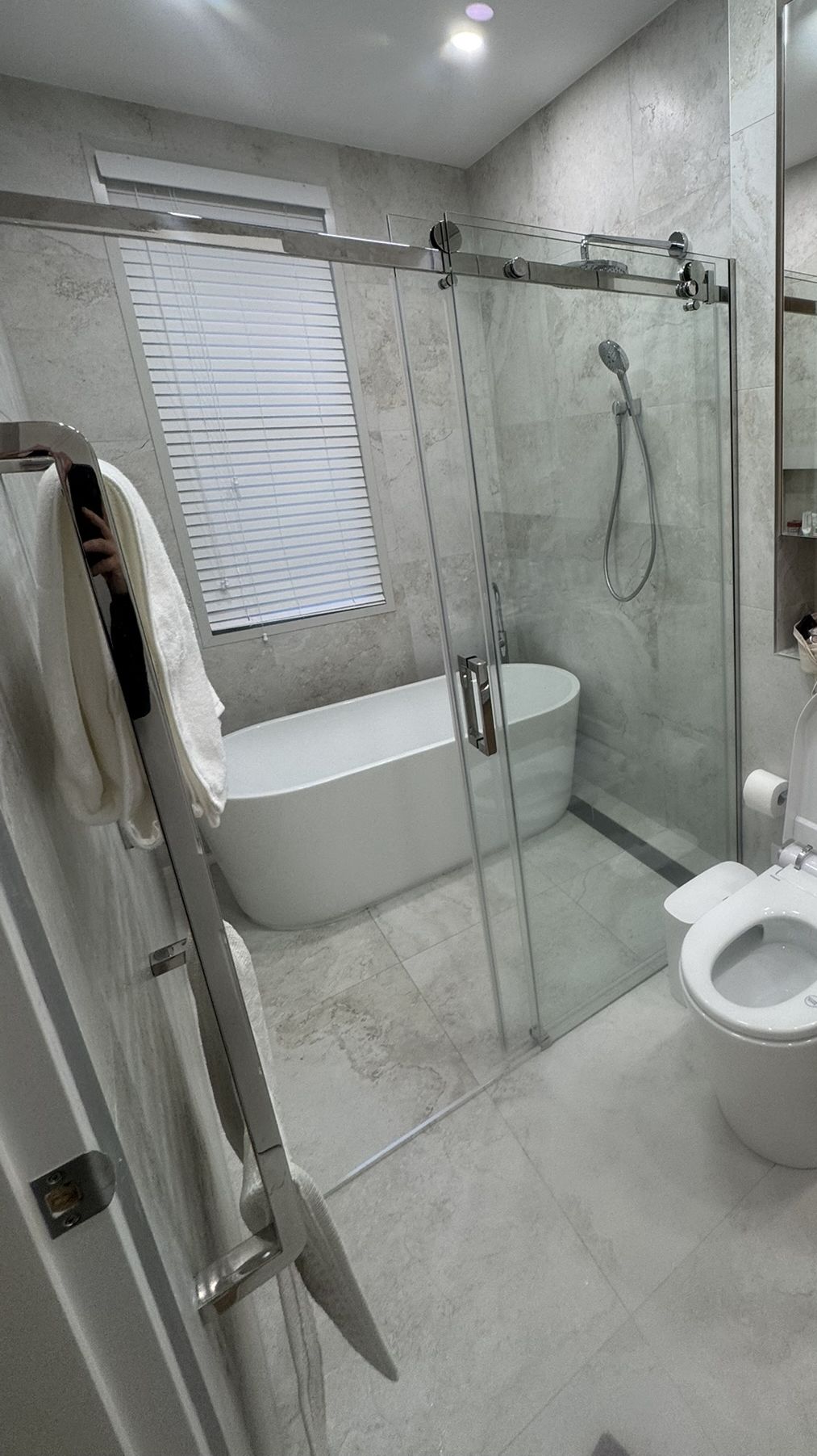 Wet-area bathroom with a freestanding bath inside the glass shower zone draining to a strip along the back wall