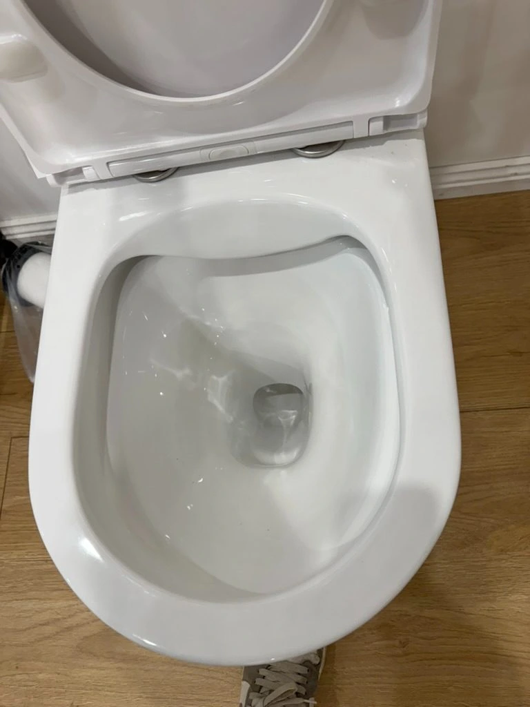 Standard rimless toilet bowl with water entering from both front sides and running down the centre