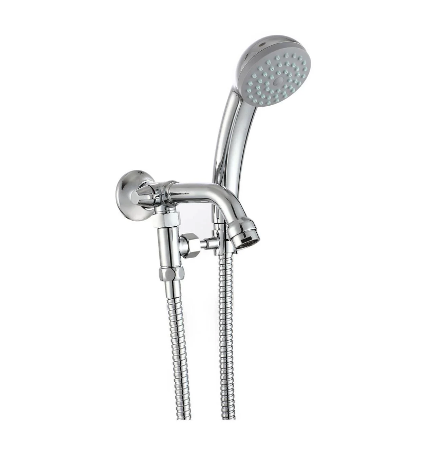 Chrome bath spout with built-in diverter and hand shower kit