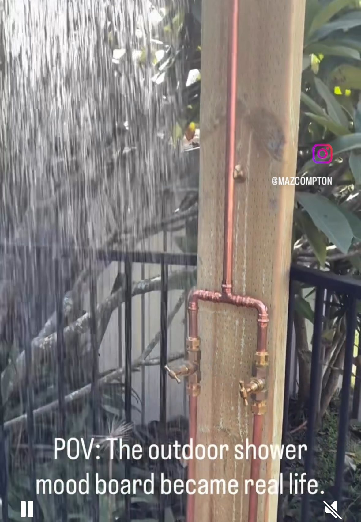 Custom copper outdoor shower with ordered-in saddle and shower head