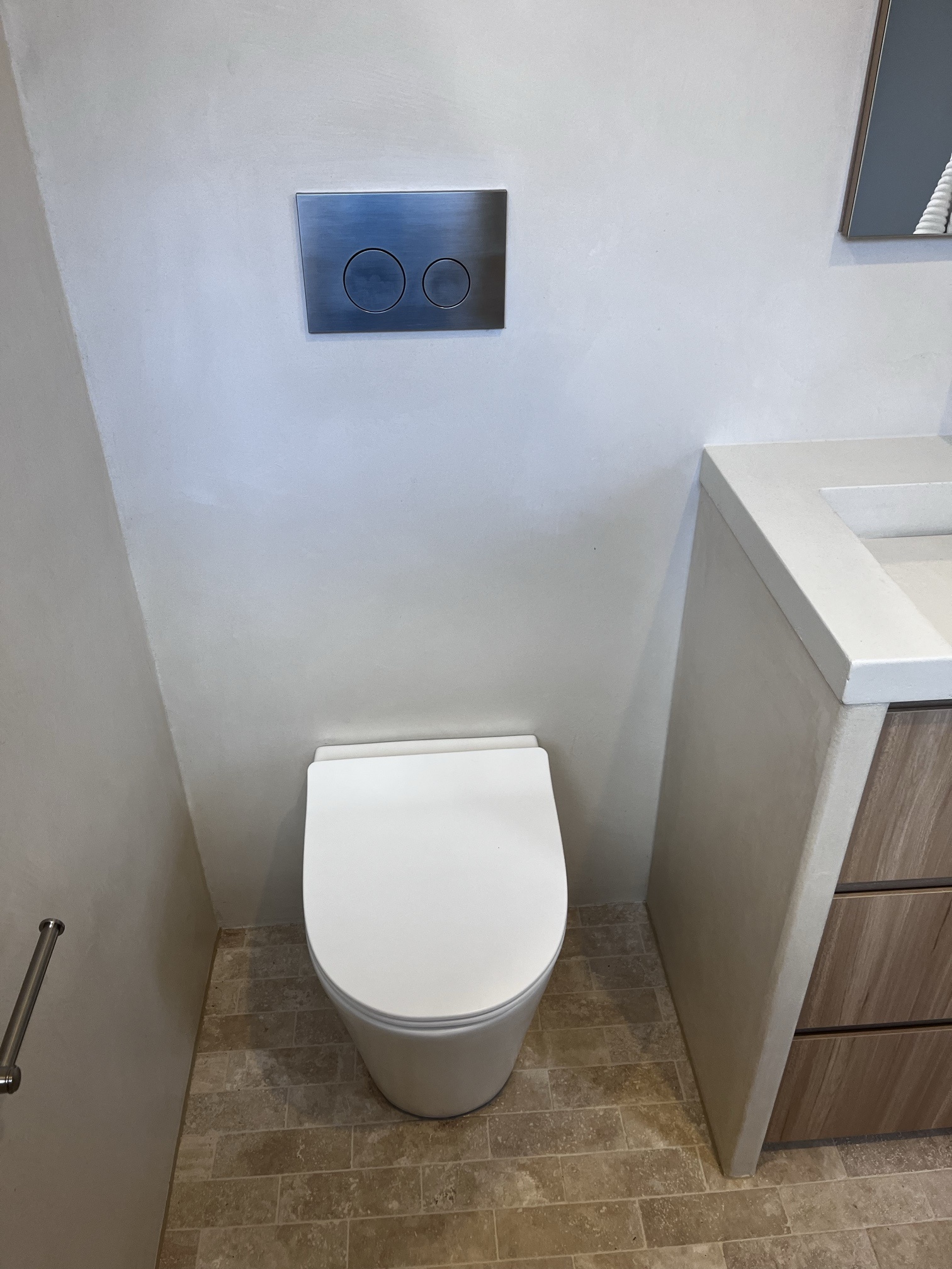 Finished floor-standing toilet beneath a blue dual-flush plate beside a white vanity