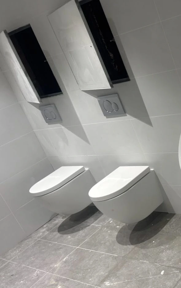 Two wall hung toilet pans floating above the floor with dual-flush plates above