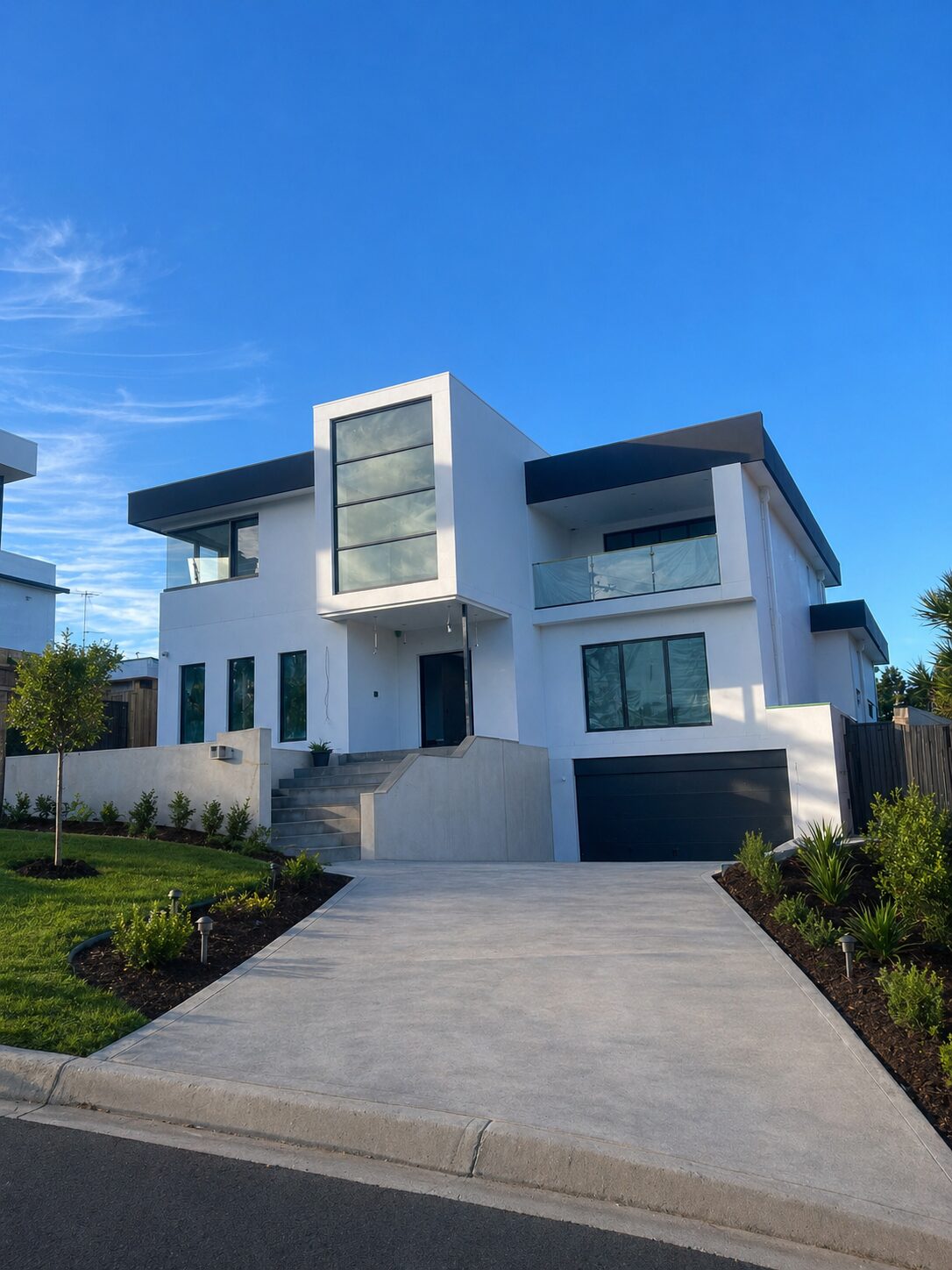 Completed two-storey new build home with rendered facade and driveway
