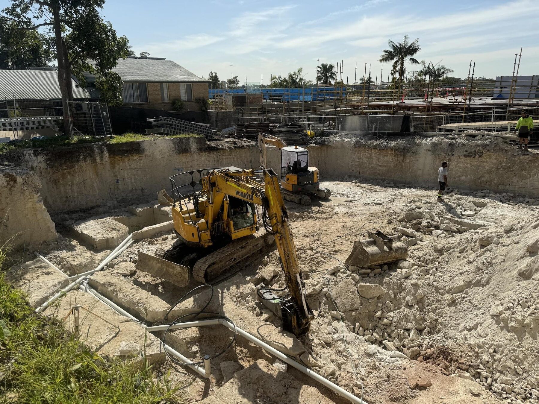 Townhouse development excavation with below-ground drainage pipework laid